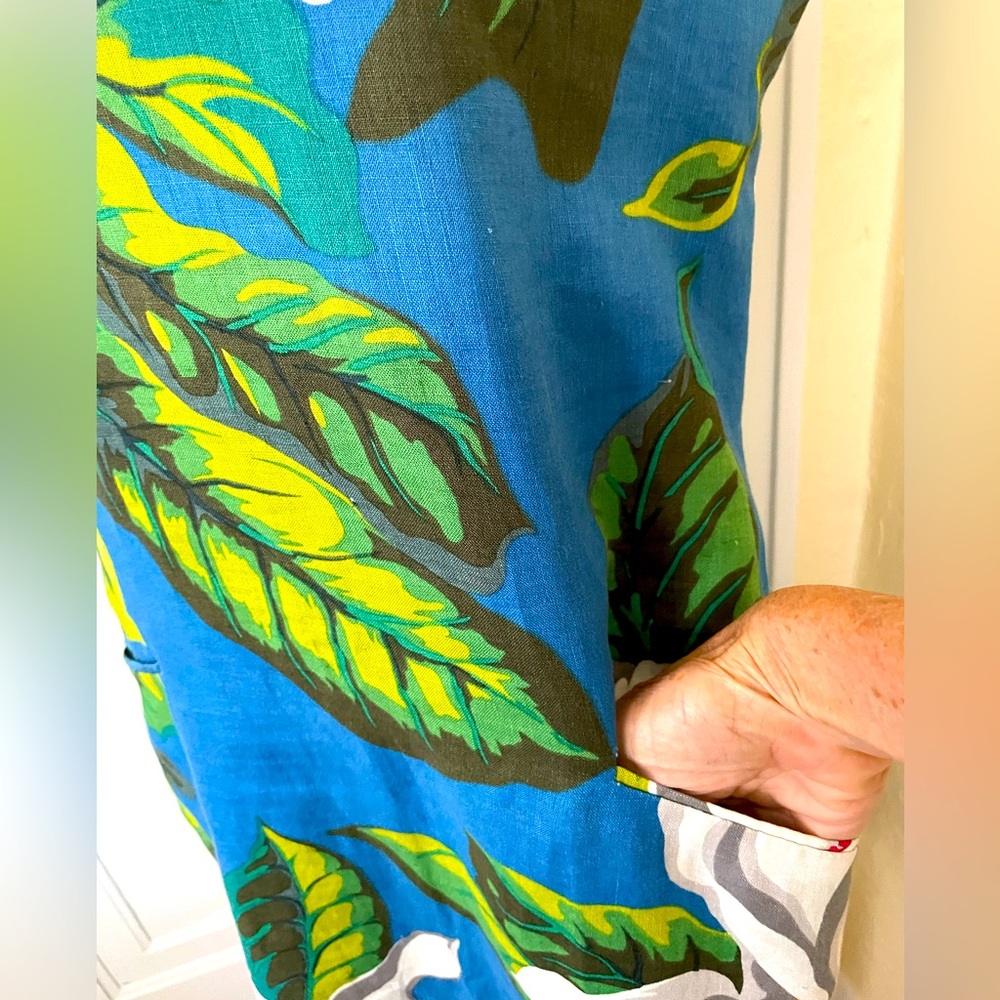 Linen/Silk Dress Ocean Blue Tropical with Pockets and Zipper in Back Size M - Picture 6 of 9